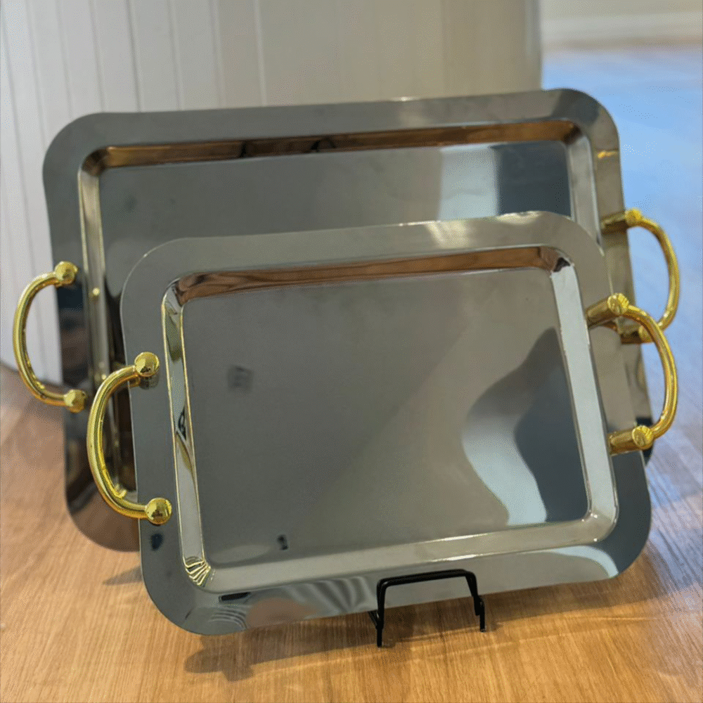 2 Pieces of Gold Handle Silver Stainless Steel Trays