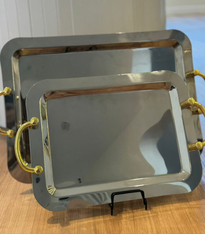 2 Pieces of Gold Handle Silver Stainless Steel Trays