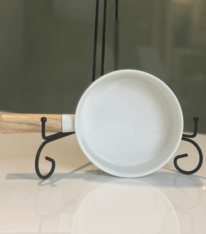 6’’ Small size White pan - Ceramic bowl with wooden handle