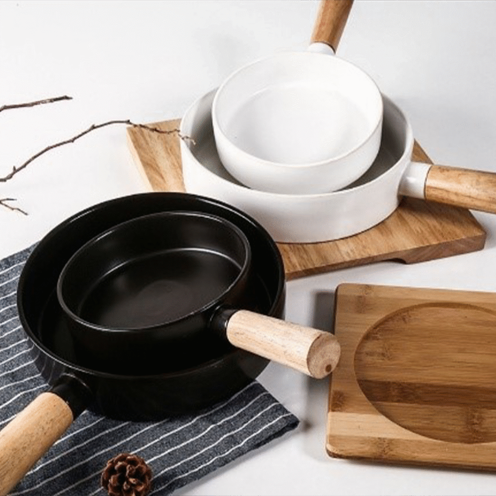 6’’ Small size White/Black pan - Ceramic bowl with wooden handle