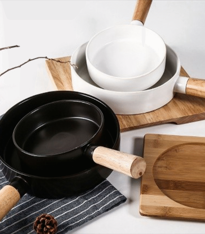 6’’ Small size White/Black pan - Ceramic bowl with wooden handle