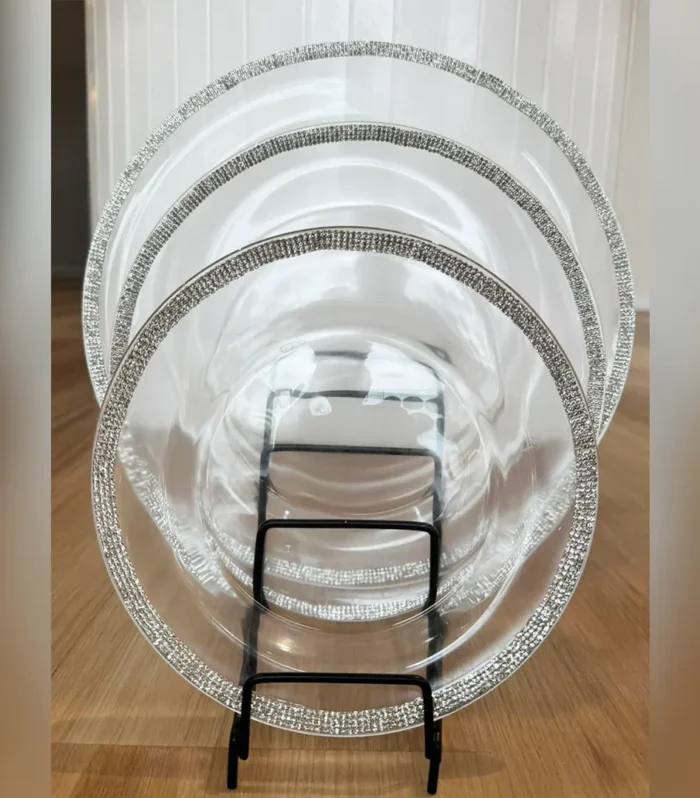 silver rim and clear glass plate set
